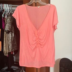J Crew Coral V-neck tee with ruffle detail, size Xl, gently worn